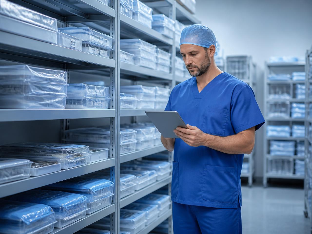 Profissional conferindo materiais e dispositivos médicos em centro de distribuição