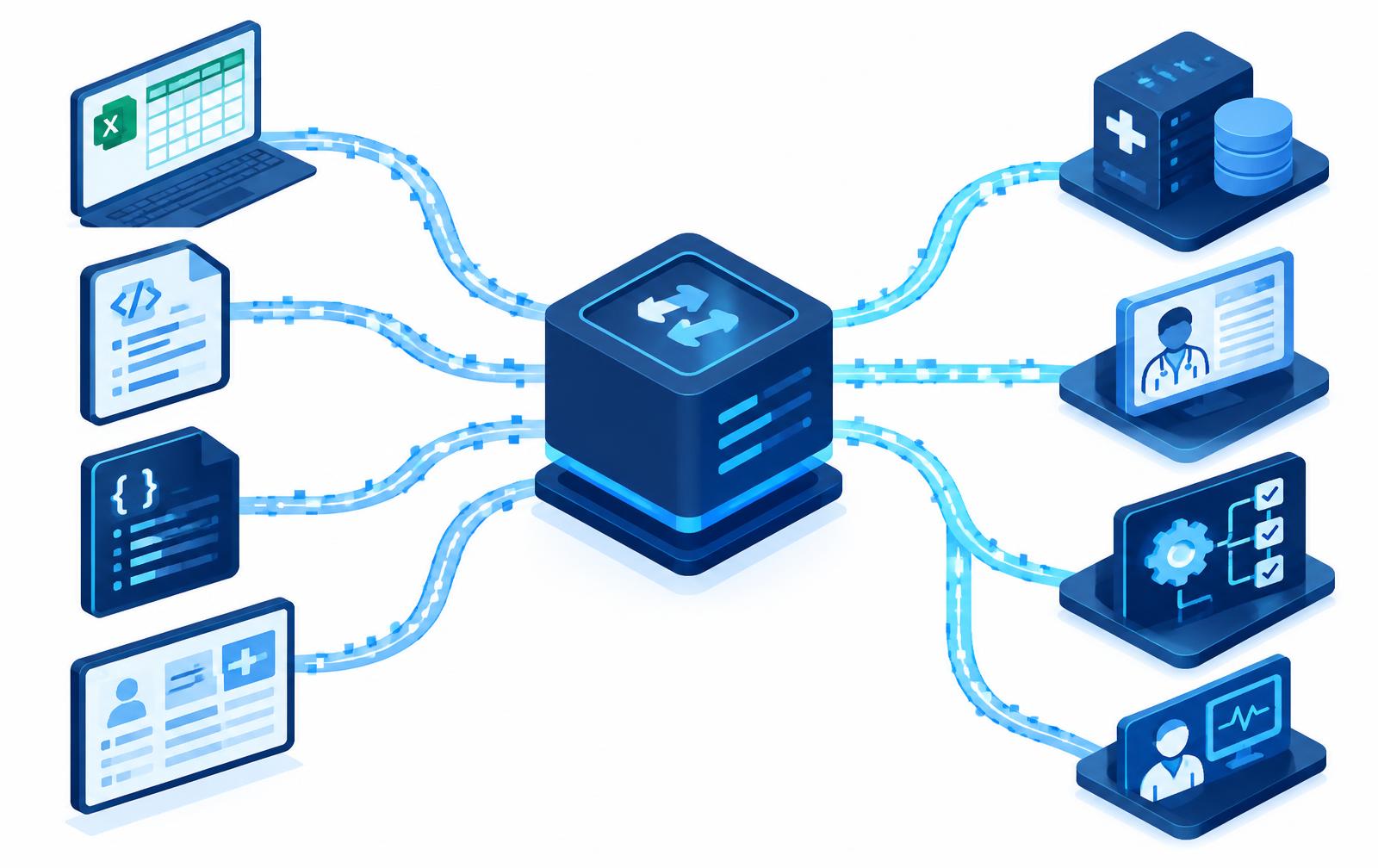 Dados de diferentes formatos sendo traduzidos por um middleware e encaminhados para fluxos conectados