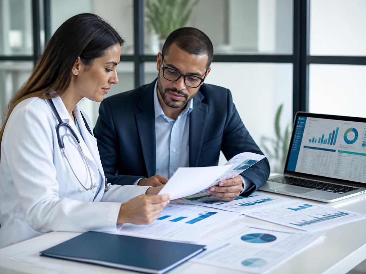 Profissionais de uma operadora de saúde analisando indicadores